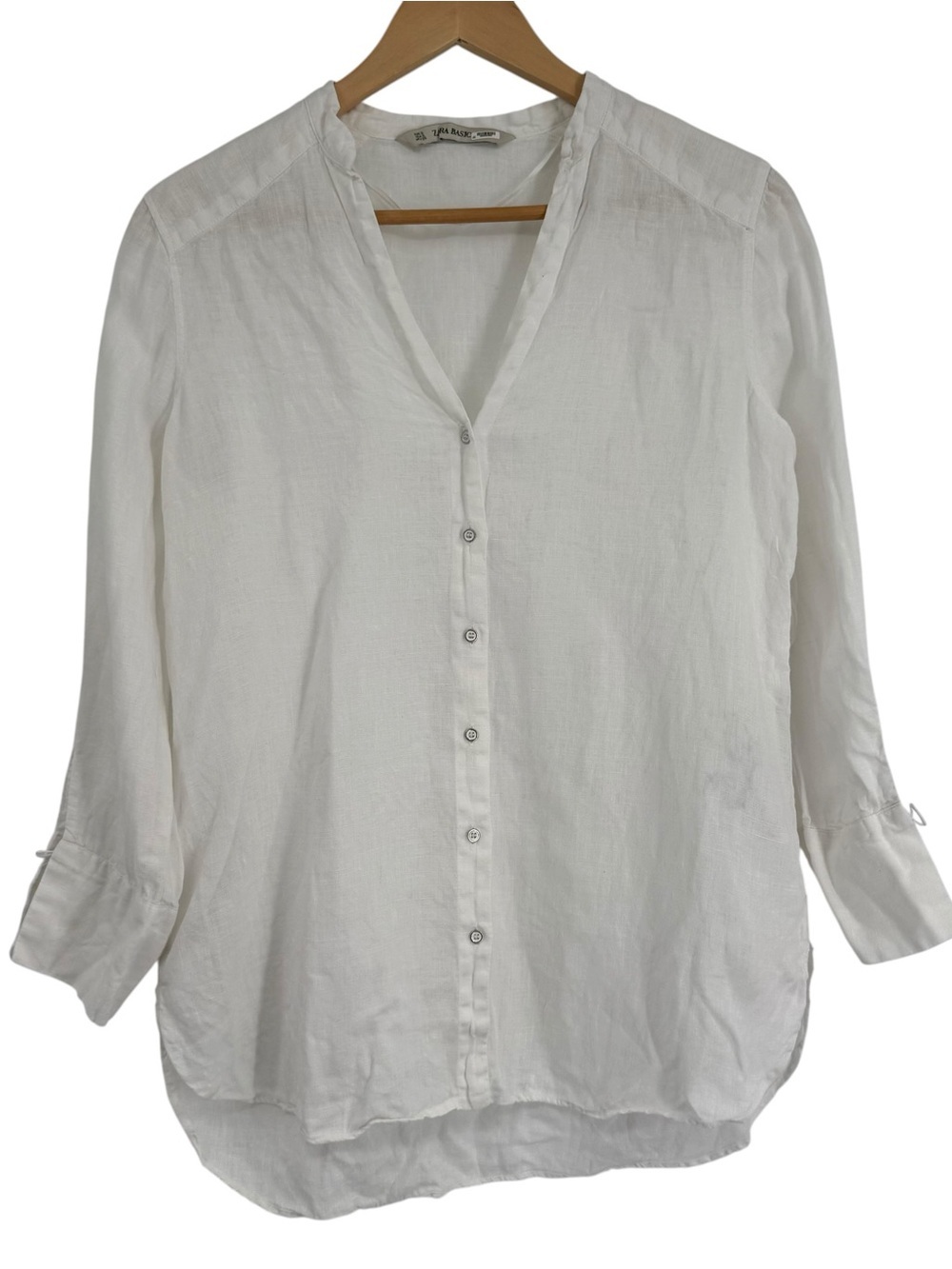 Zara Woman White 100% Linen Long Sleeve V-Neck Tunic Button Up Size Small